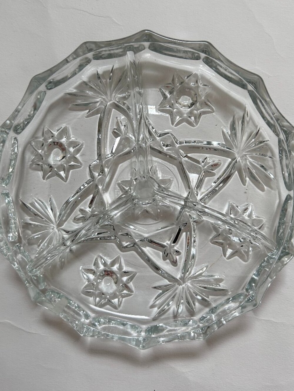 Vintage Covetro Italy Crystal Devided 3 Part Relish Dish Starburst 6" Round MCM